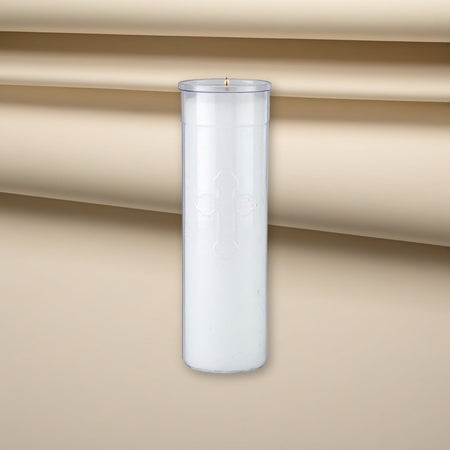 Will & Baumer 7-Day Clear Offerlight Candles - 24 per Case on a cream backdrop