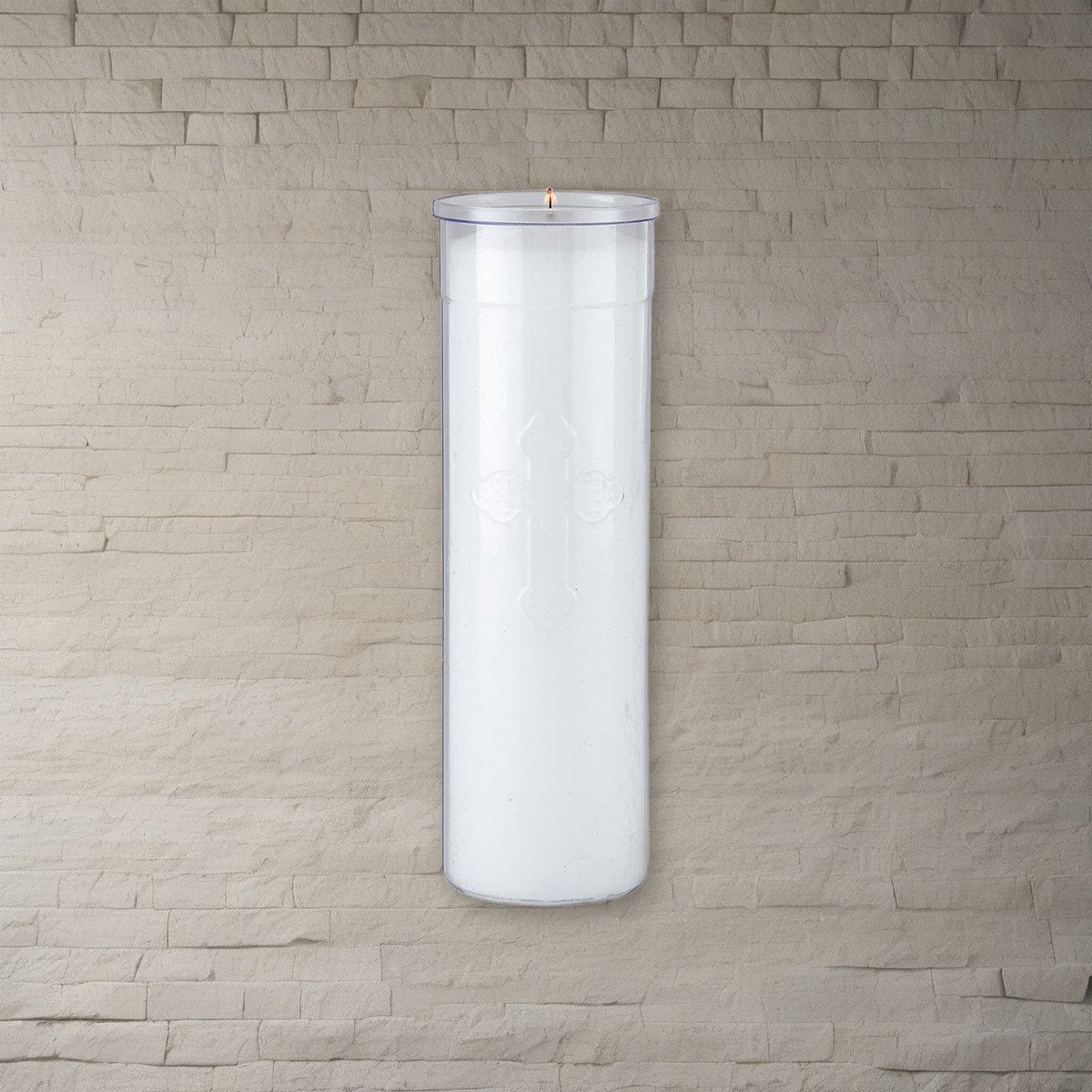 Will & Baumer 7-Day Clear Offerlight Candles - 24 per Case on a stone background