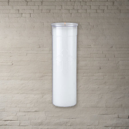 Will & Baumer 7-Day Clear Offerlight Candles - 24 per Case on a stone background