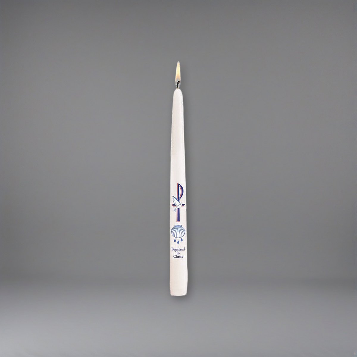 Will & Baumer Baptized by Christ Baptismal Candle - Singles or Case of 24 on a soft grey backdrop