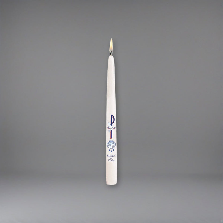 Will & Baumer Baptized by Christ Baptismal Candle - Singles or Case of 24 on a soft grey backdrop