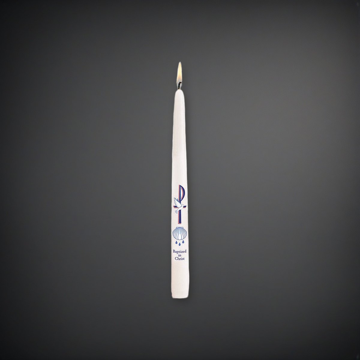 Will & Baumer Baptized by Christ Baptismal Candle - Singles or Case of 24 on a charcoal backdrop