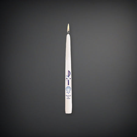 Will & Baumer Baptized by Christ Baptismal Candle - Singles or Case of 24 on a charcoal backdrop