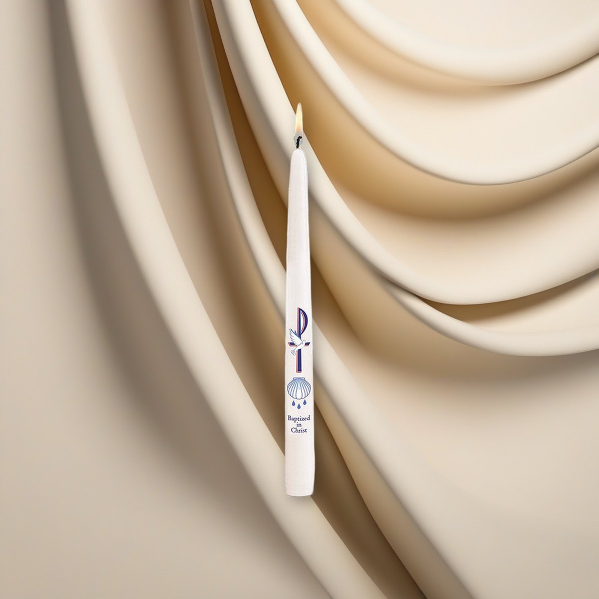 Will & Baumer Baptized by Christ Baptismal Candle - Singles or Case of 24 on a cream backdrop