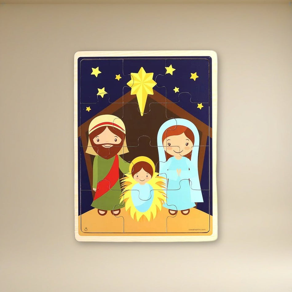 Wood Puzzle Jigsaw Nativity on a cream backdrop