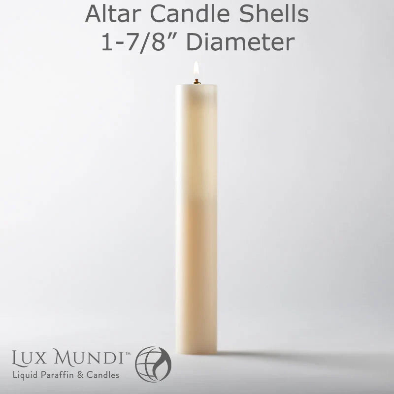 Lux Mundi Altar Candle Shells - 1 7/8 inch Diameter - Various Lengths, one of the items in the Lux Mundi 1⅞-Inch Altar Candle Shell with Refillable Container, Liquid Paraffin and Wicks. A photograph of the assembled set is pending.