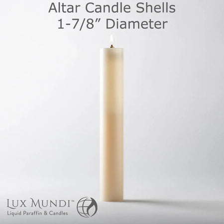 Lux Mundi Altar Candle Shells - 1 7/8 inch Diameter - Various Lengths, one of the items in the Lux Mundi 1⅞-Inch Altar Candle Shell with Refillable Container, Liquid Paraffin and Wicks. A photograph of the assembled set is pending.