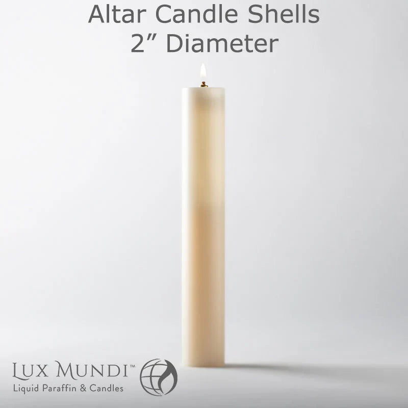 Lux Mundi Altar Candle Shells - 2 inch Diameter - Various Lengths, one of the items in the Lux Mundi 2-Inch Altar Candle Shell with Refillable Container, Liquid Paraffin and Wicks. A photograph of the assembled set is pending.