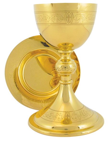 Chalice w/ 6 3/8" Deep Well Paten, Engraved Design by Alviti