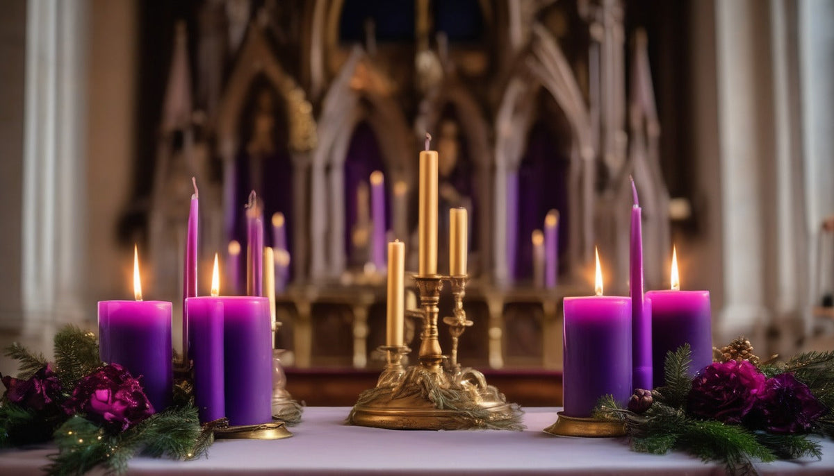 Advent wreath with purple and rose candles glowing in a candlelit church