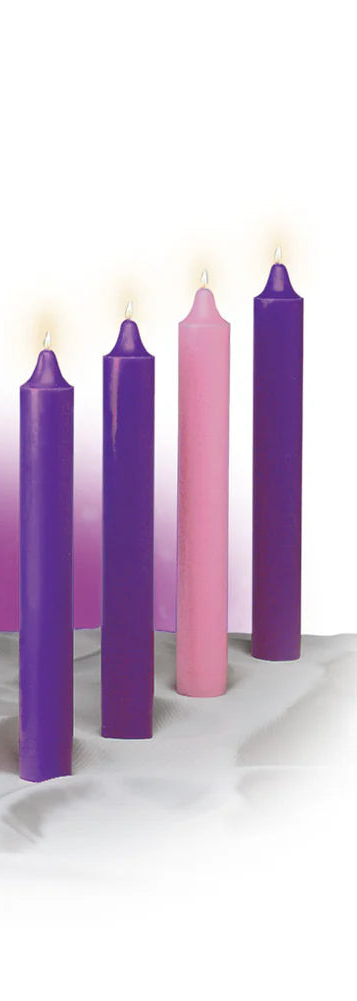 Emkay 12" x 1-1/2" 51% Beeswax Advent Church Candle Set - 3 Purple & 1 Pink, one of the items in the Emkay 12-Inch Advent Church Candles, Three Purple and One Pink, with Brass Followers. A photograph of the assembled set is pending.
