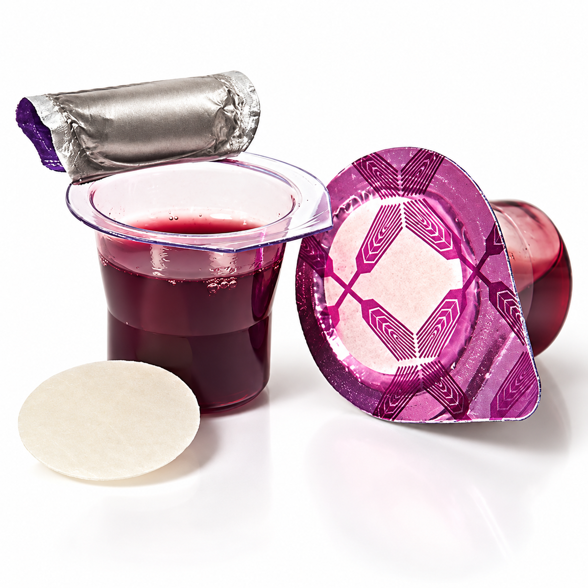Fellowship Cup juice and wafer cups, showing sealed and opened cups