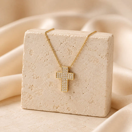 Wide Gemstone Cross Necklace - Gold Finish - 16–19" by Swanson Christian Products, product view 3