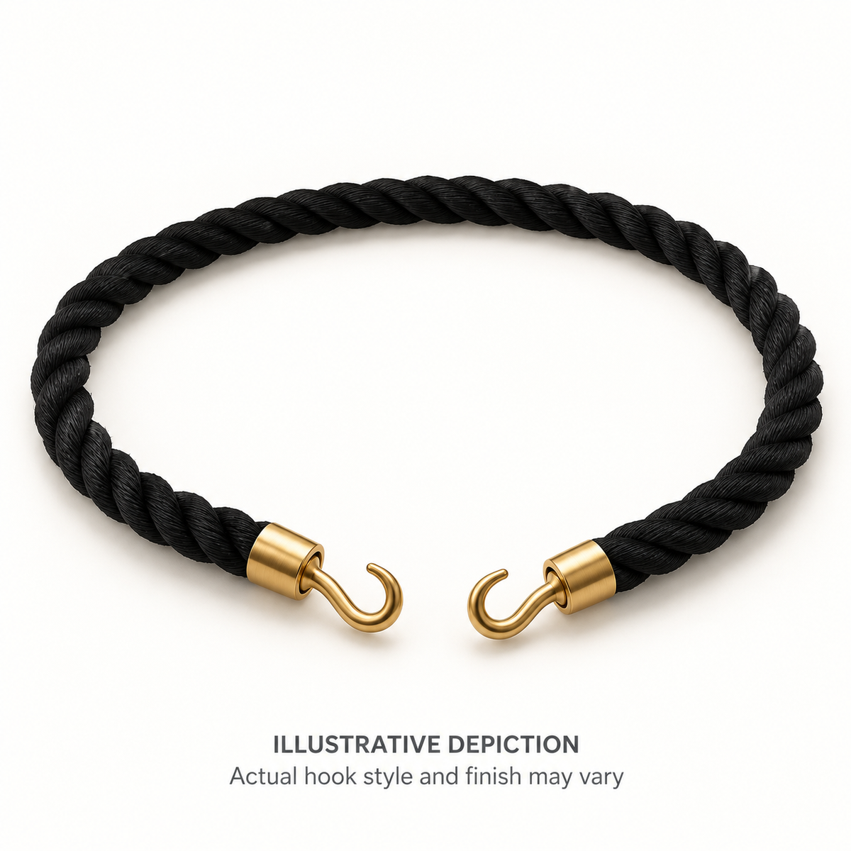 AI-generated illustrative depiction of a black pew rope with two hook ends; actual product details may vary