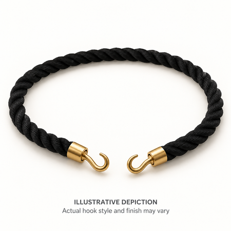 AI-generated illustrative depiction of a black pew rope with two hook ends; actual product details may vary