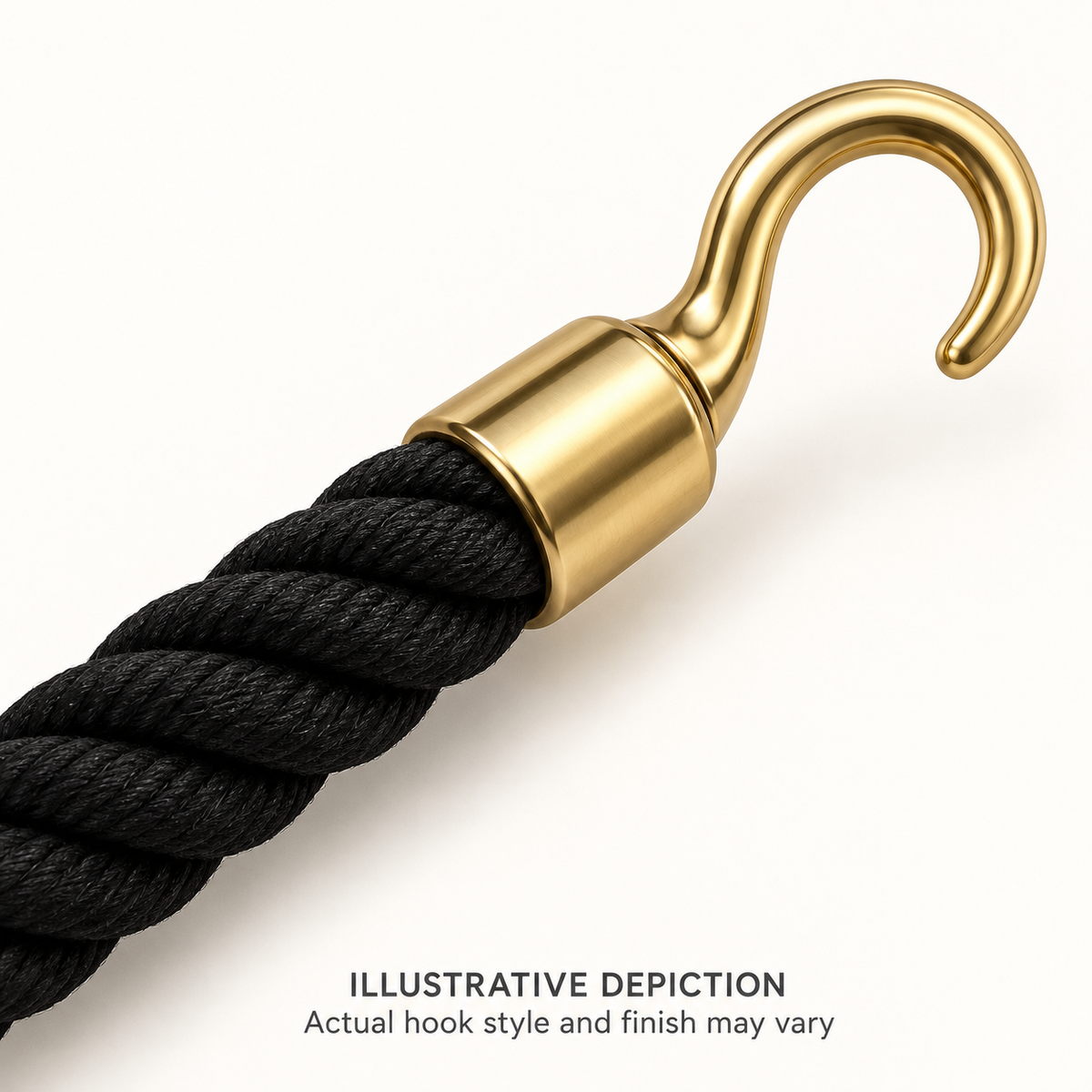 AI-generated illustrative close-up of a pew rope hook end; actual hook style, finish and construction may vary
