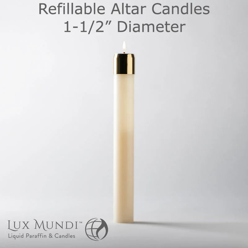 Refillable Liquid Altar Candles - 1 1/2 inch Diameter - Various Heights, one of the items in the Two Refillable 1½-Inch Liquid Altar Candles with Liquid Paraffin and Wicks. A photograph of the assembled set is pending.