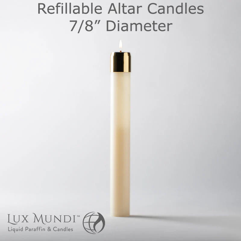 Refillable Liquid Altar Candles - 7/8 Inch Diameter, one of the items in the Two Refillable 7/8-Inch Liquid Altar Candles with Liquid Paraffin and Wicks. A photograph of the assembled set is pending.