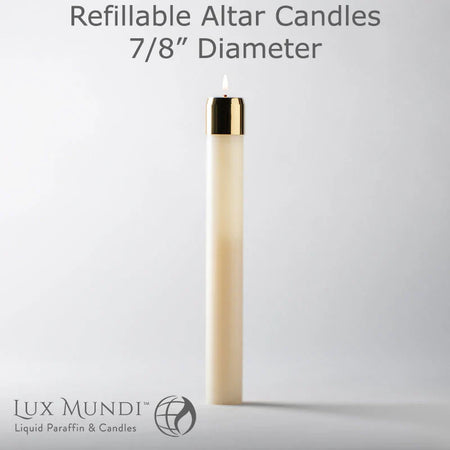 Refillable Liquid Altar Candles - 7/8 Inch Diameter, one of the items in the Two Refillable 7/8-Inch Liquid Altar Candles with Liquid Paraffin and Wicks. A photograph of the assembled set is pending.
