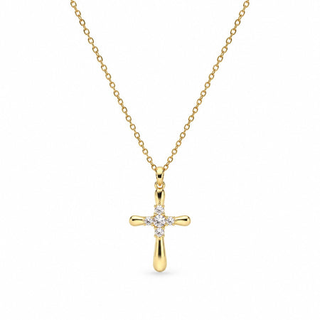 Rounded Cross Gemstone Necklace - Gold Finish - 16–19"