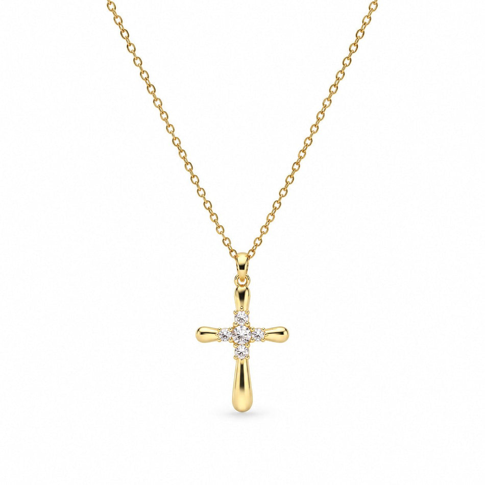 Rounded Cross Gemstone Necklace - Gold Finish - 16–19"