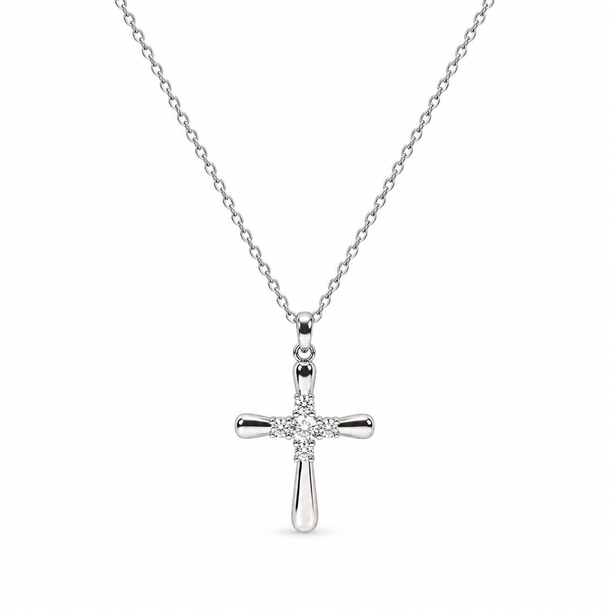 Rounded Cross Gemstone Necklace - Silver Finish - 16–19"
