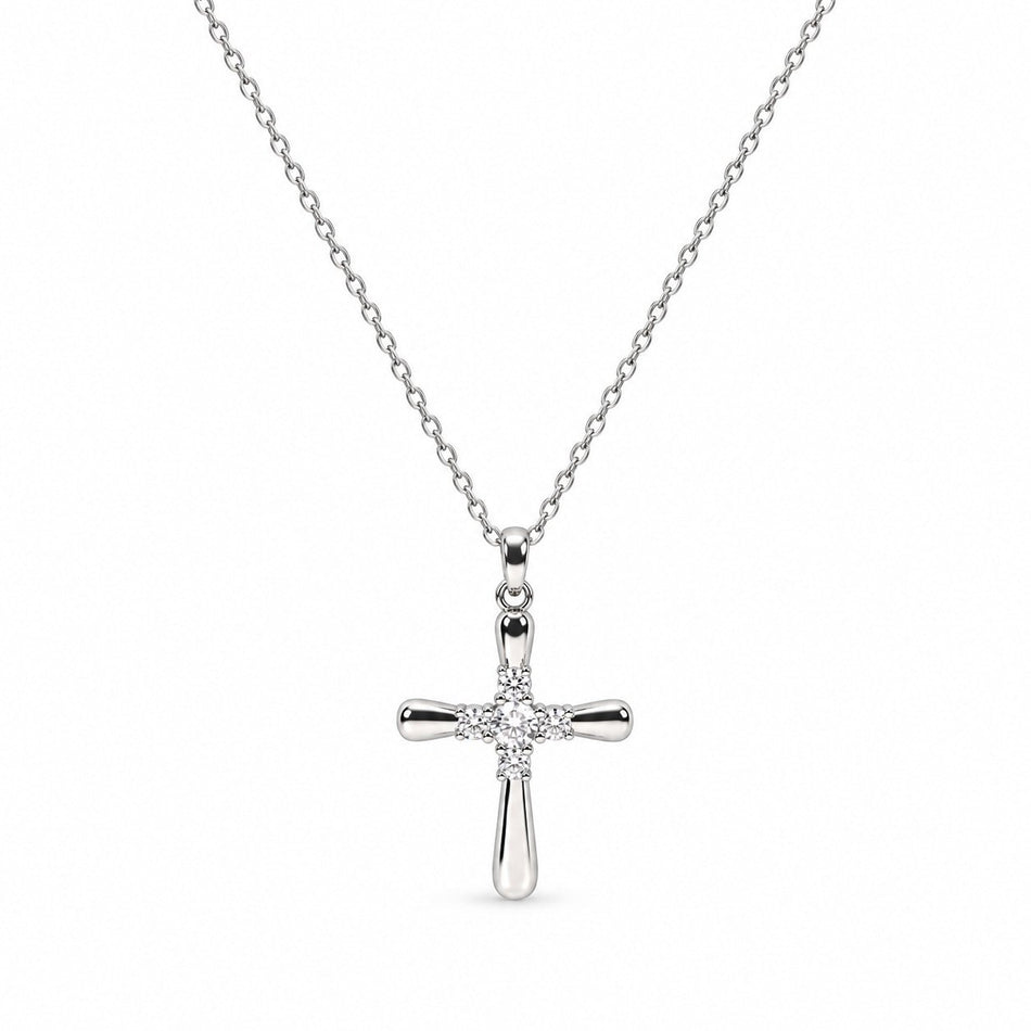Rounded Cross Gemstone Necklace - Silver Finish - 16–19"