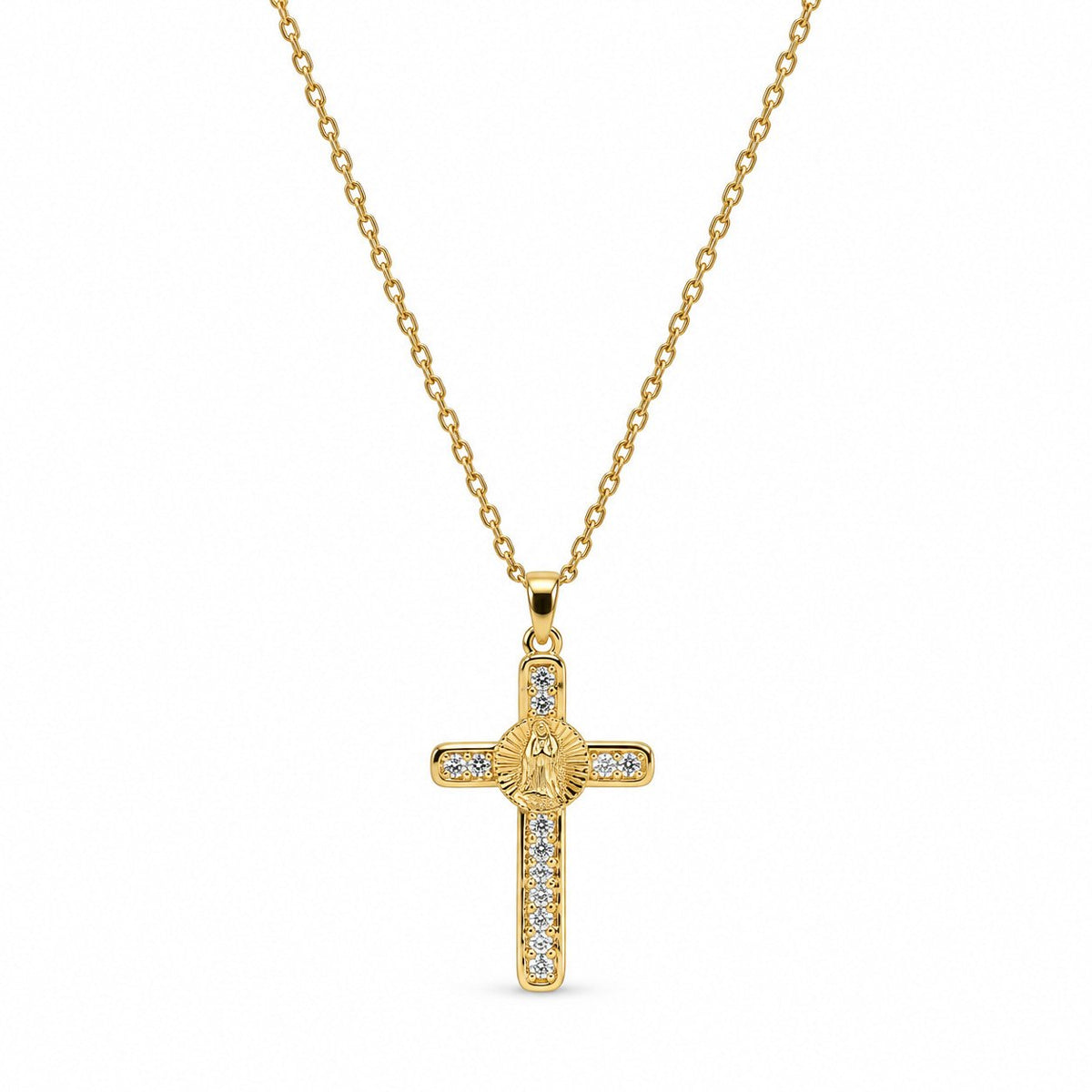 Virgin Mary Cross Gemstone Necklace - Gold Finish - 16–19"