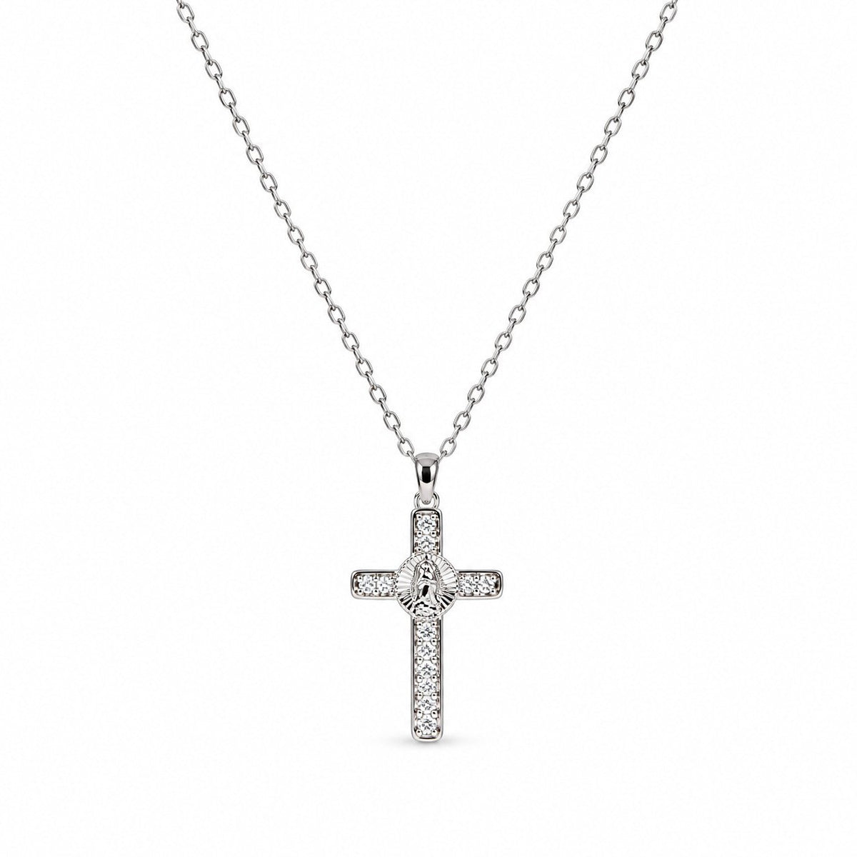 Virgin Mary Cross Gemstone Necklace - Silver Finish - 16–19"