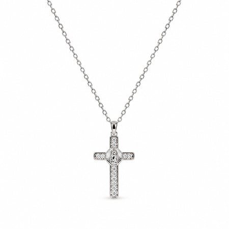 Virgin Mary Cross Gemstone Necklace - Silver Finish - 16–19"