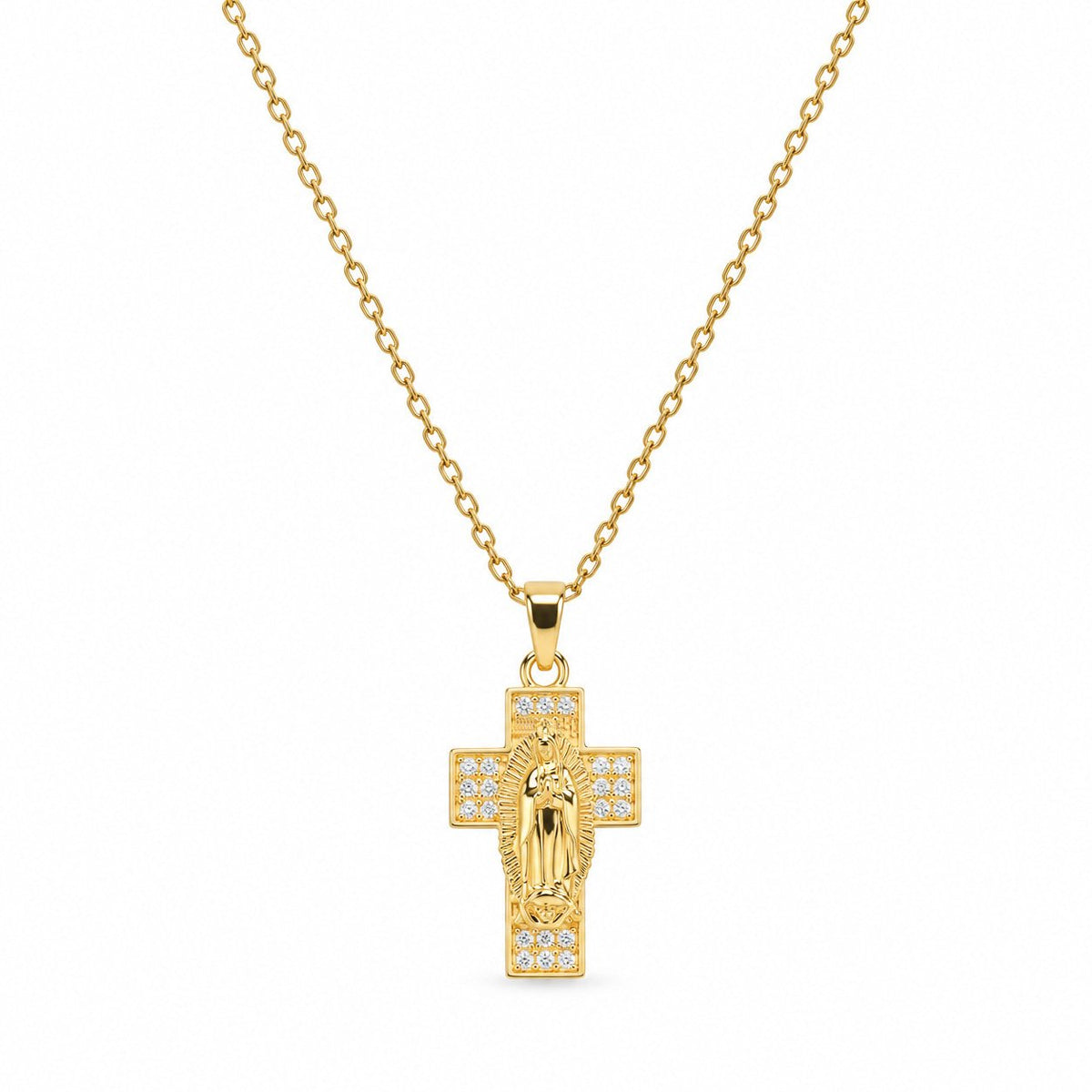 Virgin Mary Wide Cross Gemstone Necklace - Gold Finish - 16–19"