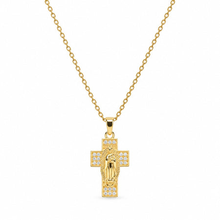 Virgin Mary Wide Cross Gemstone Necklace - Gold Finish - 16–19"
