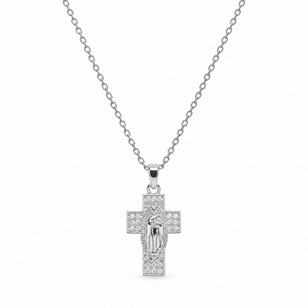 Virgin Mary Wide Cross Gemstone Necklace - Silver Finish - 16–19"