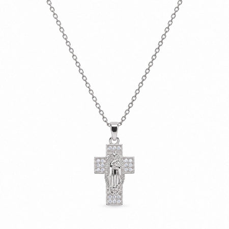 Virgin Mary Wide Cross Gemstone Necklace - Silver Finish - 16–19"