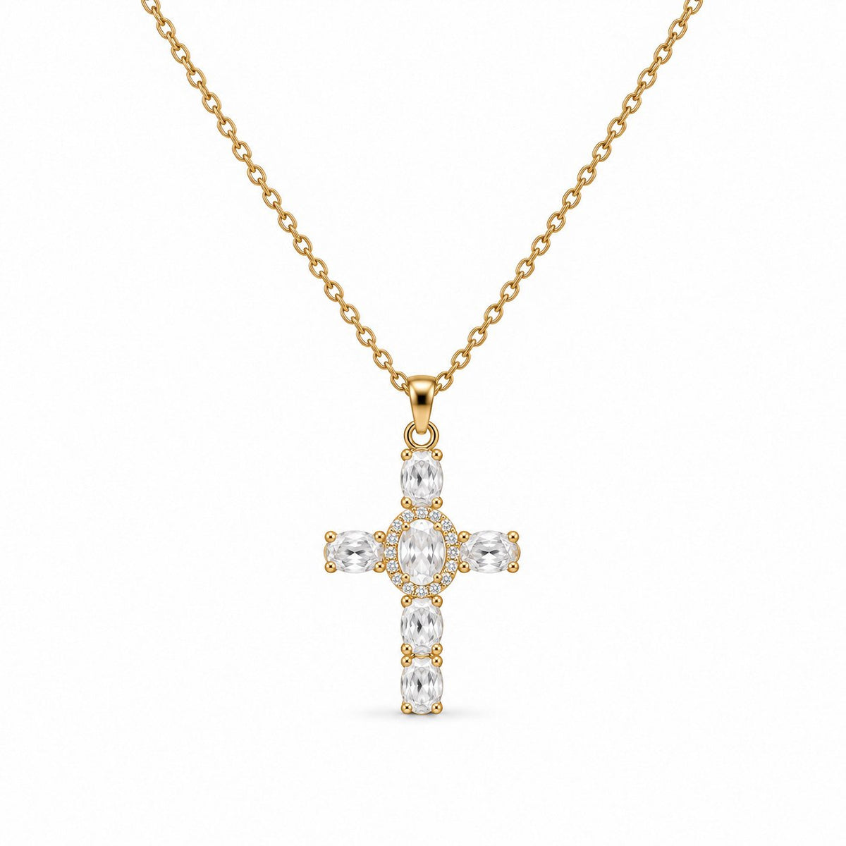Oval-Cut Gemstone Cross Necklace - Gold Finish - 16–19"