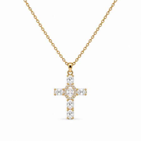 Oval-Cut Gemstone Cross Necklace - Gold Finish - 16–19"