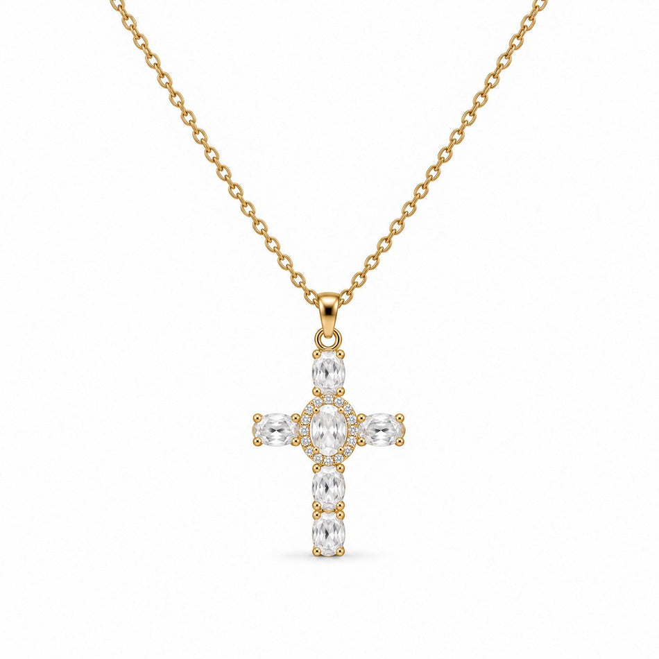 Oval-Cut Gemstone Cross Necklace - Gold Finish - 16–19"