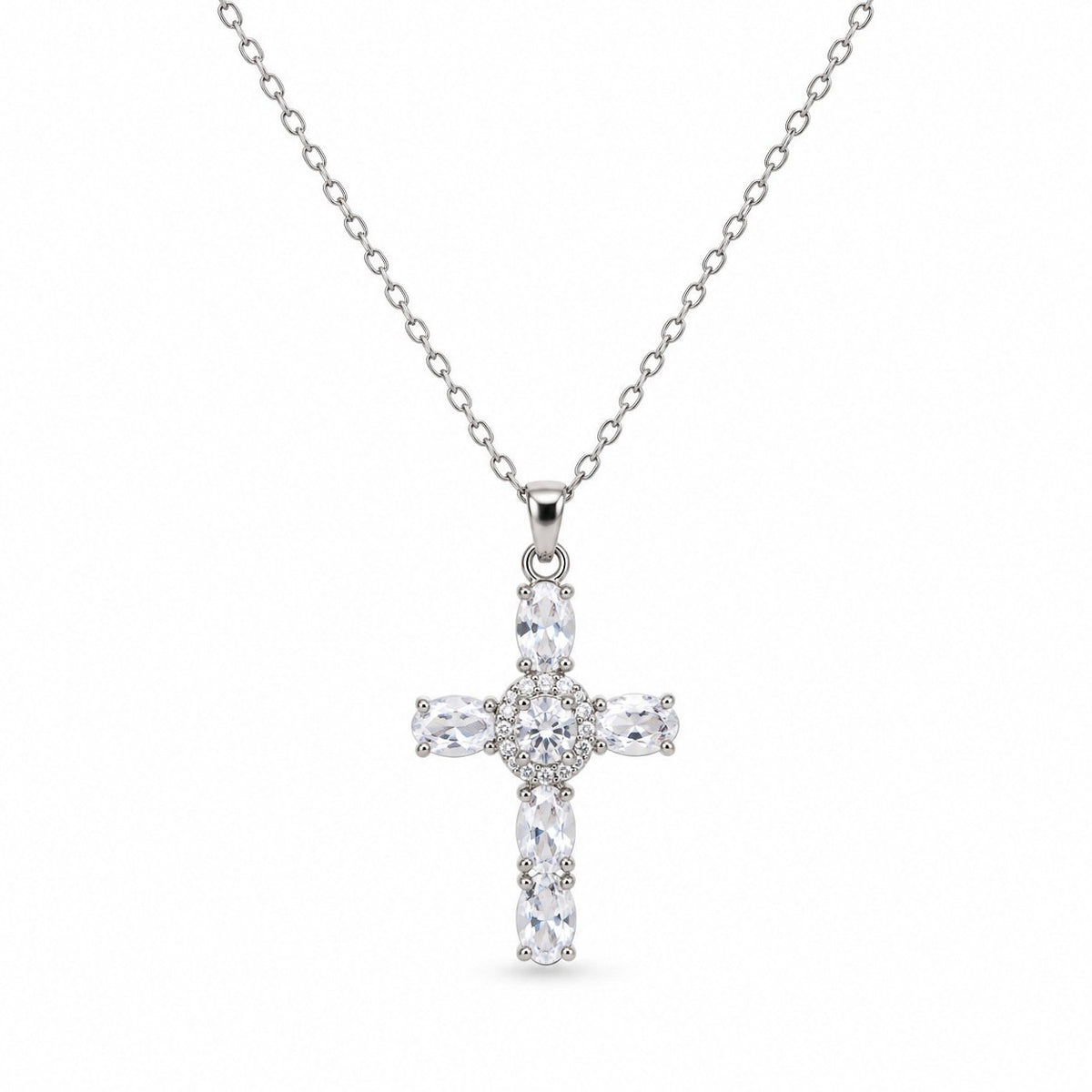 Oval-Cut Gemstone Cross Necklace - Silver Finish - 16–19"