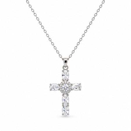 Oval-Cut Gemstone Cross Necklace - Silver Finish - 16–19"