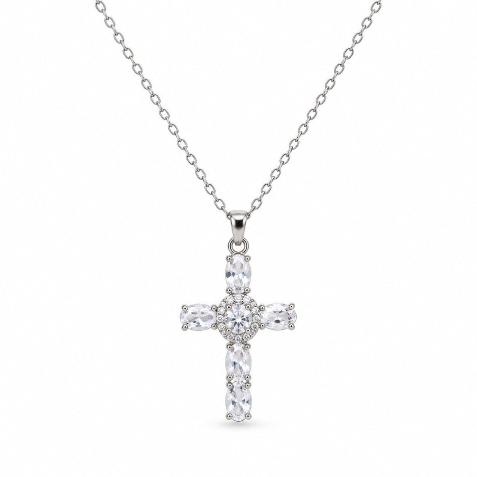 Oval-Cut Gemstone Cross Necklace - Silver Finish - 16–19"