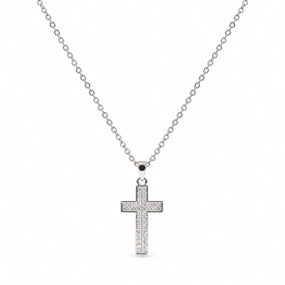 Gemstone-Filled Cross Necklace - Silver Finish - 16–19"