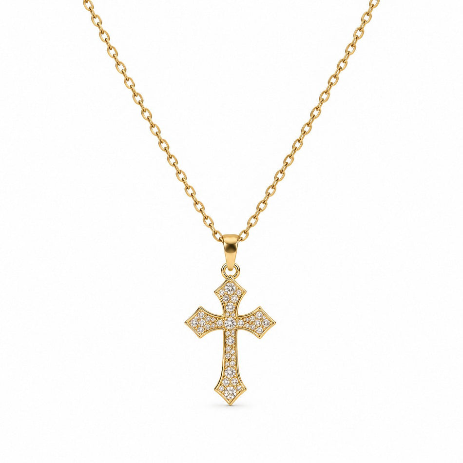 Flared Gemstone Cross Necklace - Gold Finish - 16–19"