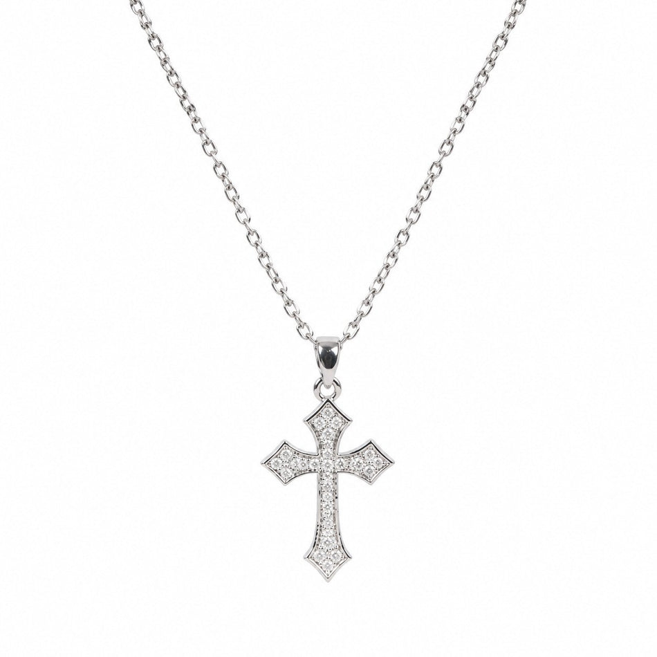 Flared Gemstone Cross Necklace - Silver Finish - 16–19"