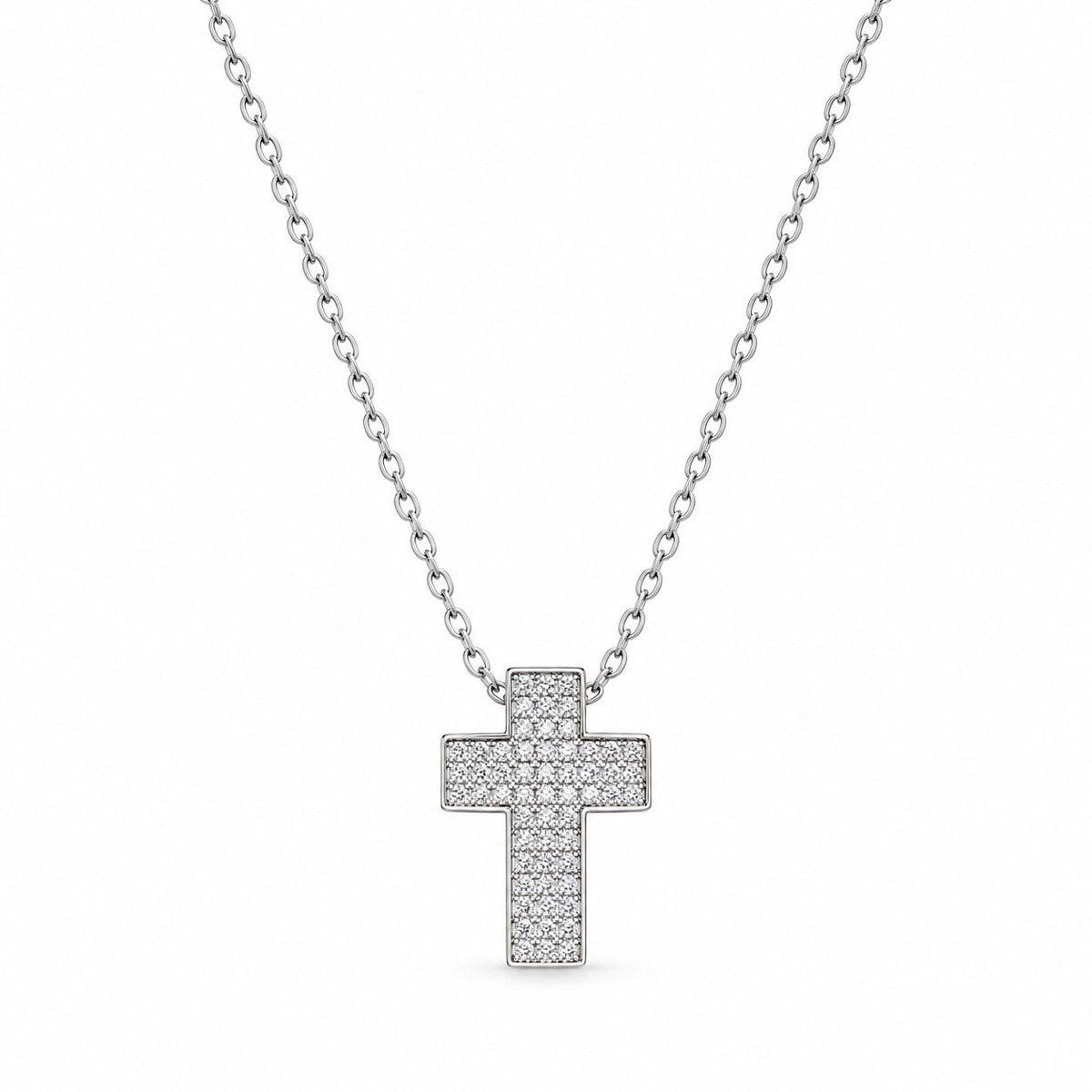 Wide Gemstone Cross Necklace - Silver Finish - 16–19"