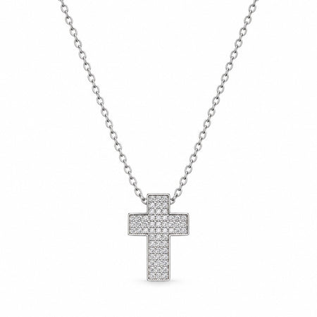 Wide Gemstone Cross Necklace - Silver Finish - 16–19"