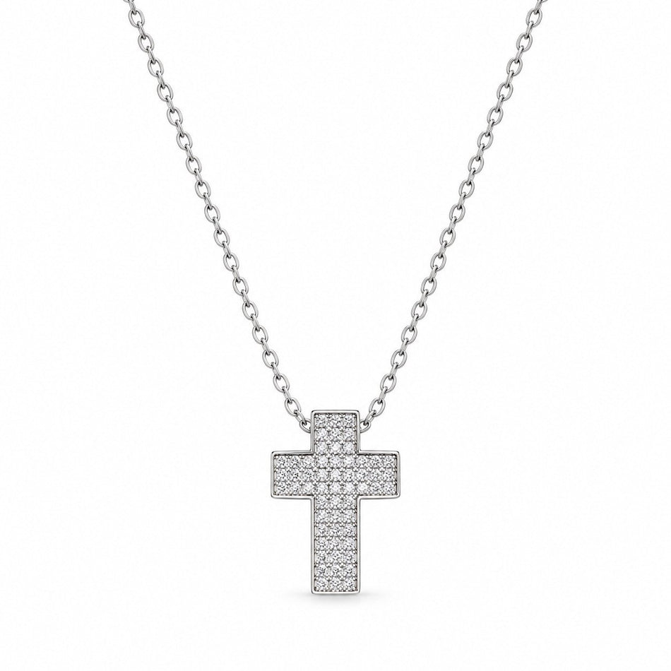 Wide Gemstone Cross Necklace - Silver Finish - 16–19"