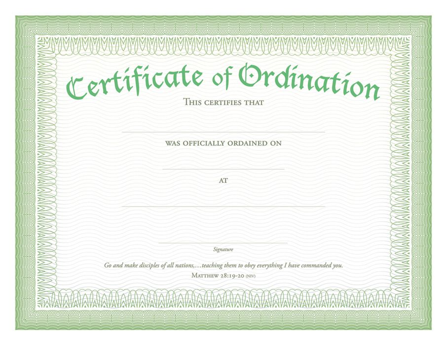 Ordination Certificate - Premium, Green Foil Embossed by Anchor Christian Distributors